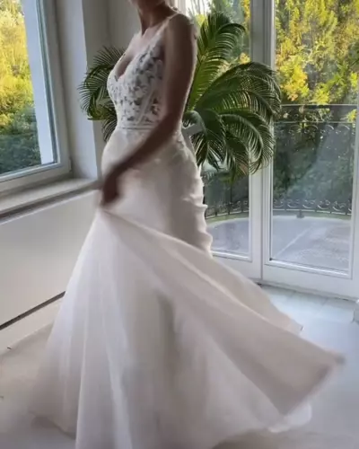 Boho Chiffon Brautkleid Hochzeitskleid Illusion Spitze Korsage m.Träger Summer - Bild 3 von 8