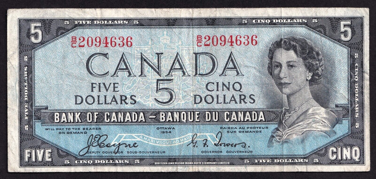 Canada 1954 $5 Five Dollar Banknote Coyne-Towers Devils Face B/C 2094636