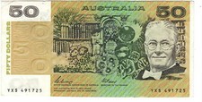 AUSTRALIA $50 Dollars VF/XF Banknote (1989) P-47f Phillips-Fraser Prefix YXS