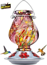Hummingbird Feeder Hand Blown Glass Hummingbird Feeders for Outdoors Hanging....