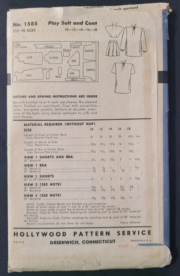 Vtg 1940s Hollywood 1585 Sew Pattern Pin Up Playsuit Shorts Midriff Shirt Jacket - Image 3 of 4