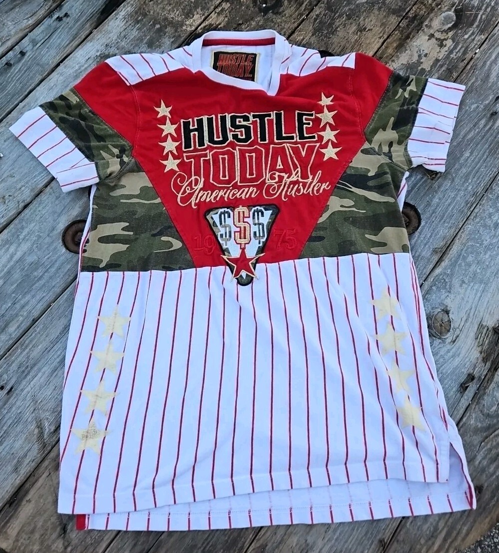 Hustle Today Live Wealthy Tomorrow Camo Stripe Red Stars Embroidered Shirt