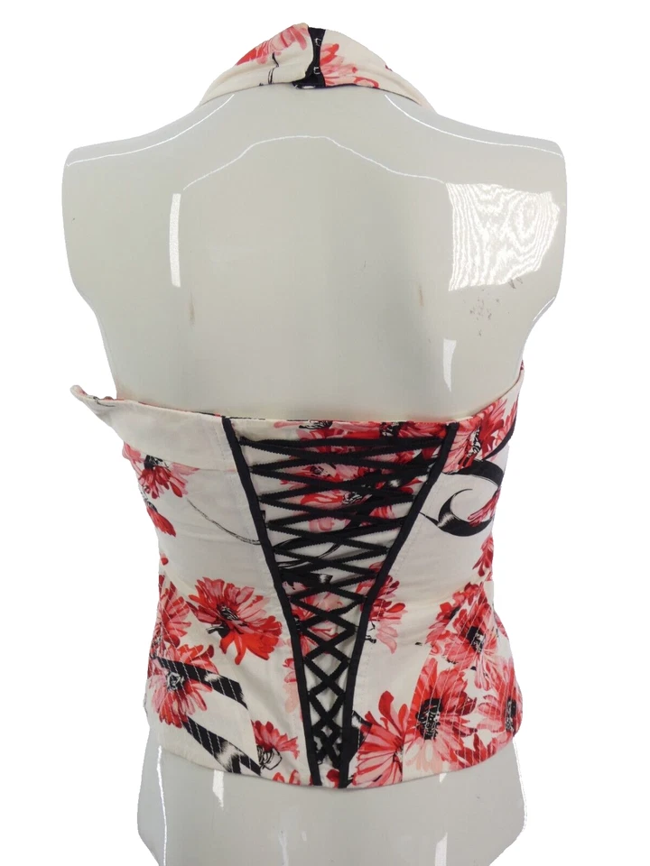 Karen Millen Corsé Top Floral Blanco Rojo Y2K Retro Halter Cuello Con Cordones Deshuesado UK8 Foto 4 de 4