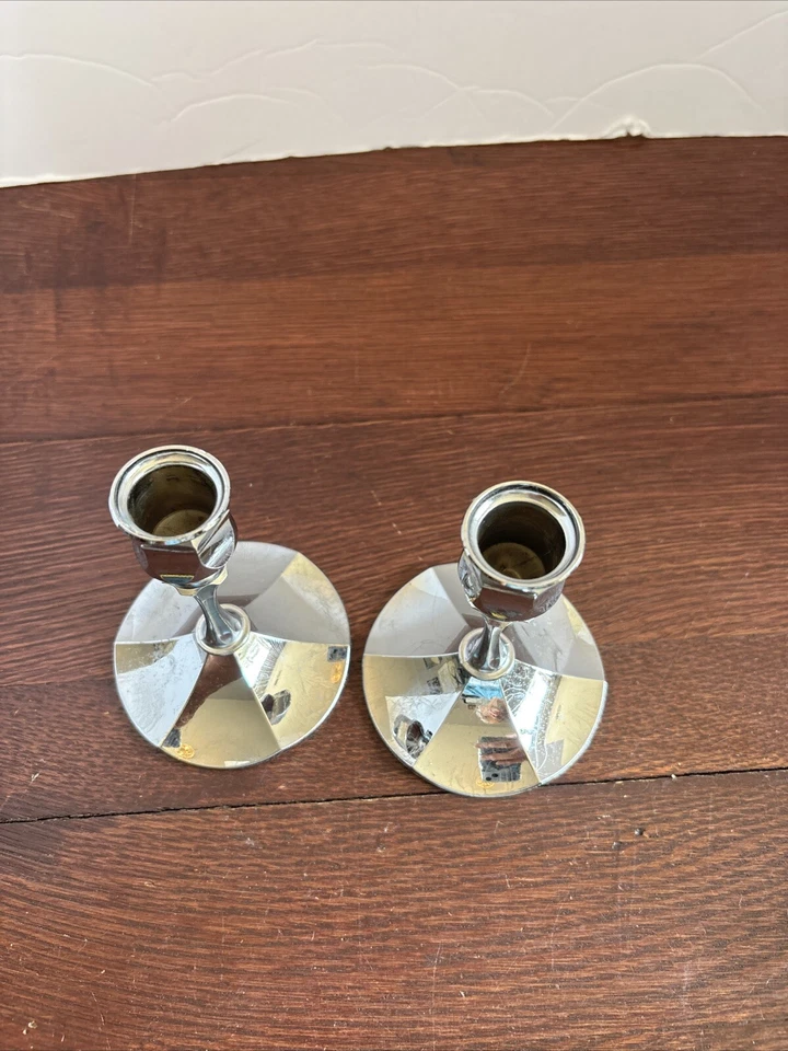Par de Candelabros IRVINWARE Silvertone Cromo 4.5" Hecho en EE. UU. EN MUY BUENA CONDICIÓN Foto 2 de 4