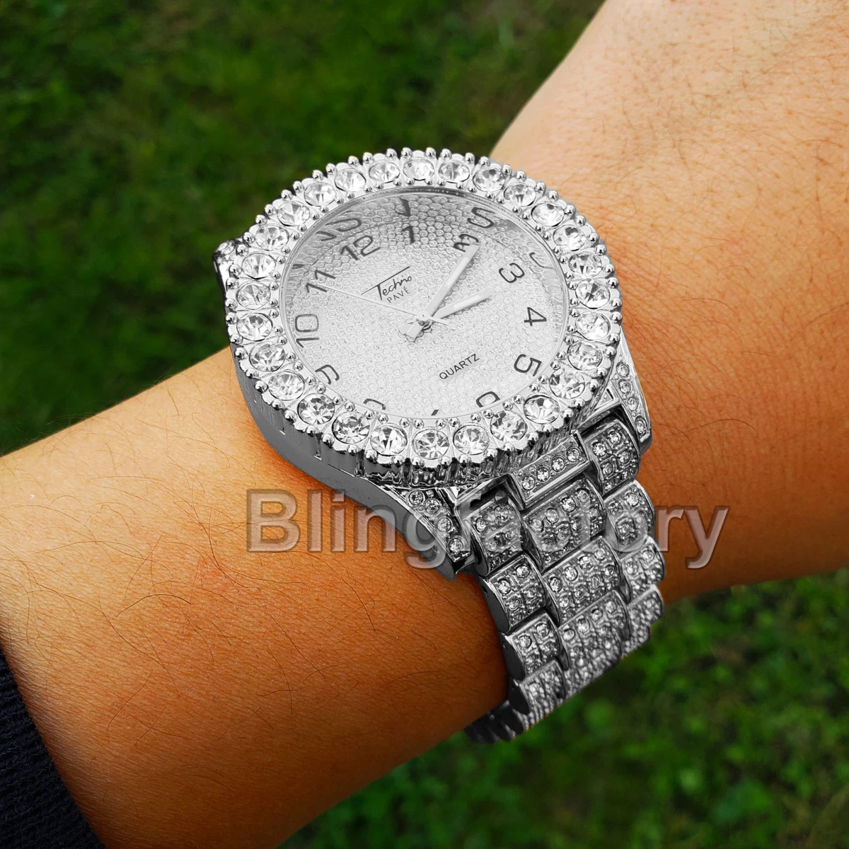 Men s Hip Hop Iced White Gold Plated Rapper Bling BIG Simulated Diamond Watch
