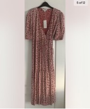 M&S X Ghost Red Floral V Neck Puff Sleeve Wrap Midi Dress Size 12 designer new .