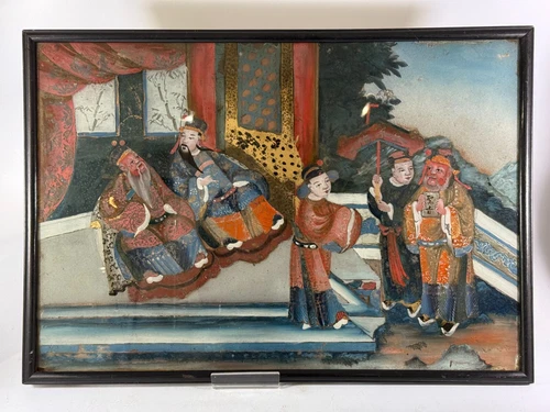 Antique Chinese Verre Eglomise Reverse Painting On Glass c.1880