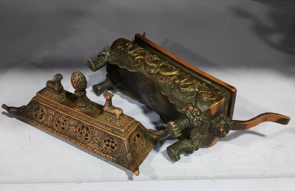 Quemador de incienso dragón bronce tallado artesanalmente antiguo coleccionable de 20 cm decoración Foto 4 de 4