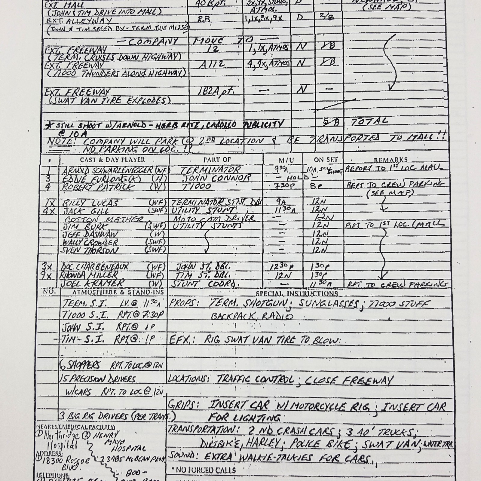 Image 4 of Terminator 2 - Production Used Call Sheet, Exterior Mall and Freeway, Terminator