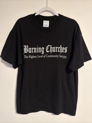 Vintage T Shirt Large Burning Churches Flamethrower Devil Black