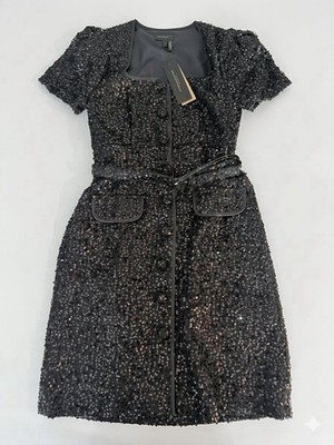 NWT Donna Karan Sequin Square Neck Belted Cocktail Dress Sz 6