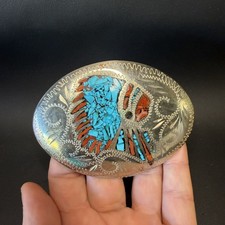 Native American Indian Chief Silver And Turquoise Belt Buckle Handcrafted USA