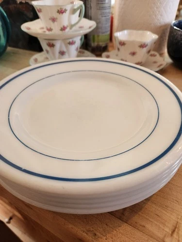 x5 White Corning Pyrex DINNER PLATES Blue/Teal Double Stripe Band USA