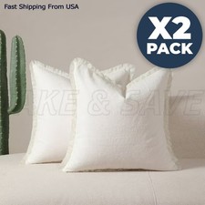 Set of 2 Linen Throw Pillow Covers Trimmed Cushion Covers 20 x 20 Inch Farmhouse