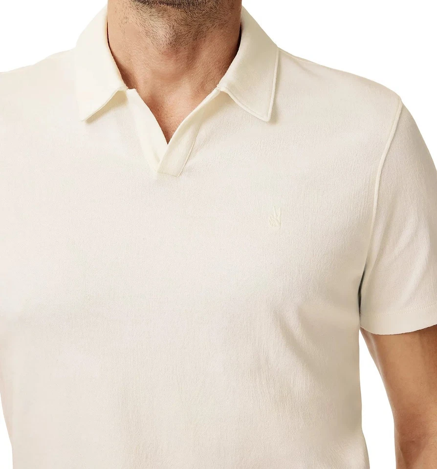 John Varvatos Men's Hauge Peace Sign Jacquard SS Polo Open Collar Shirt Natural - Image 4 of 4