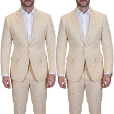 Beige Linen Men's Suits Summer Beach Formal Business Wedding Casual Fit 2 Pieces