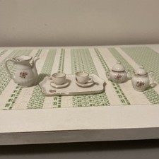 Dollhouse Tea Set MINIATURE TRAY Cup Saucer Platter Tea Pot Sugar Porcelain