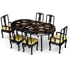 US SELLER - Black Lacquer Mother of Pearl Oval Oriental Dining Set with 6 Chairs