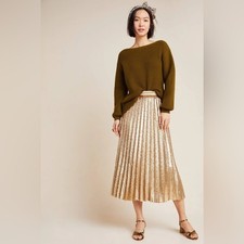 Anthropologie Maeve Natalia Sequined Midi Skirt in Gold Size Small Petite NWT