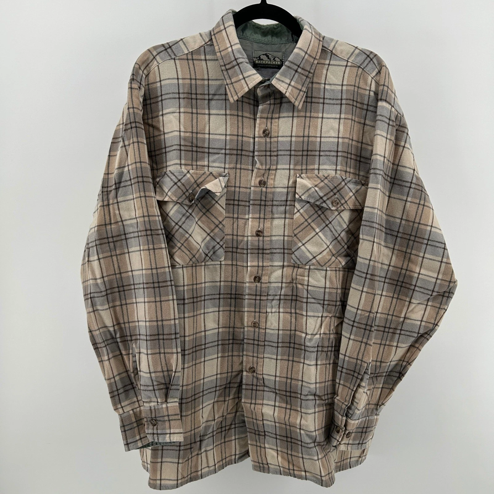 Backpacker Beige Gray Flannel Plaid Long Sleeve Button Up Shirt Men XL Outdoor