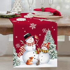 Snowman Christmas Red Table Runner 13x72 Inch Pine Red Snowman-1 13"W x 72"L