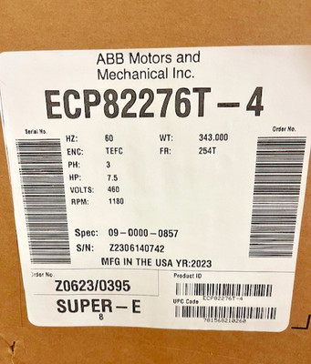 ABB/BALDOR  ECP82276T-4, 7.5HP, 1180RPM, 3PH, 60HZ, 254T, TEFC