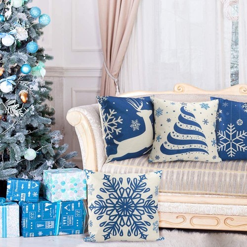 DecorX Christmas Blue Pillow Covers 18×18 Inch Set of 4 Farmhouse Pillow Covers - Picture 2 of 7