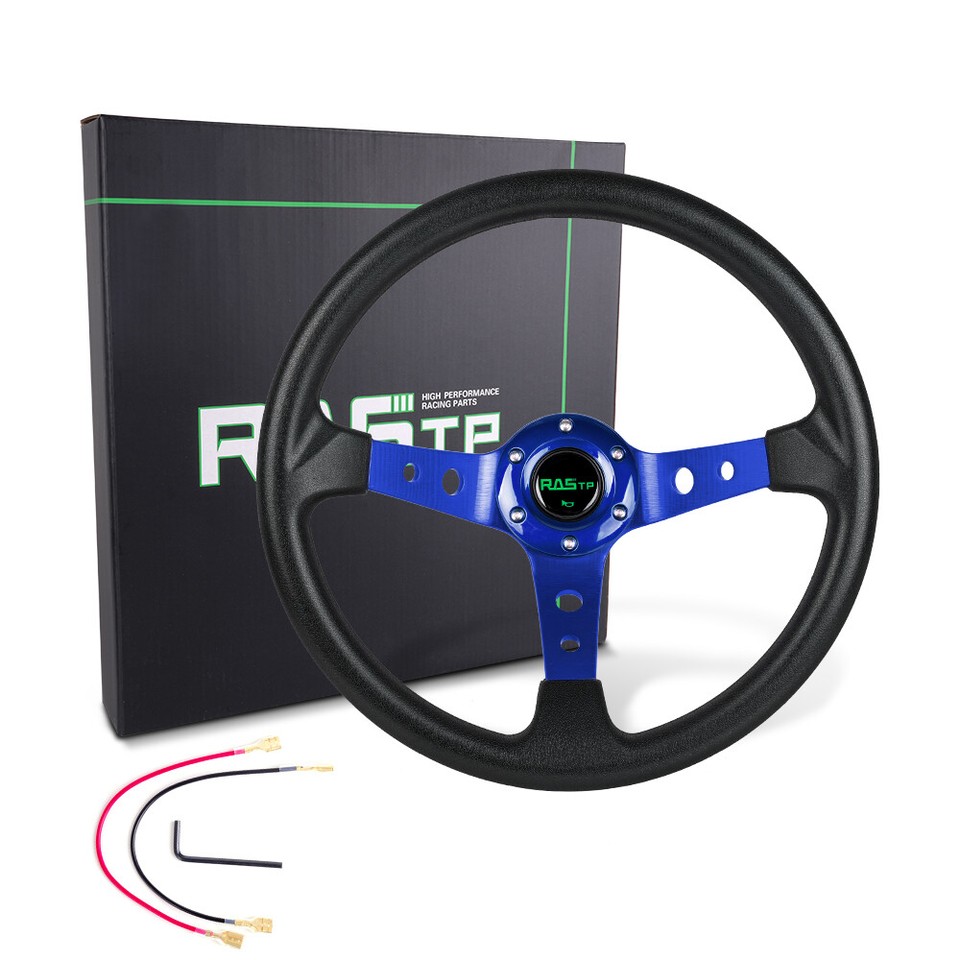 350mm Deep Dish Racing Steering Wheel - Silver Aluminum, Red Stitching & Horn Button