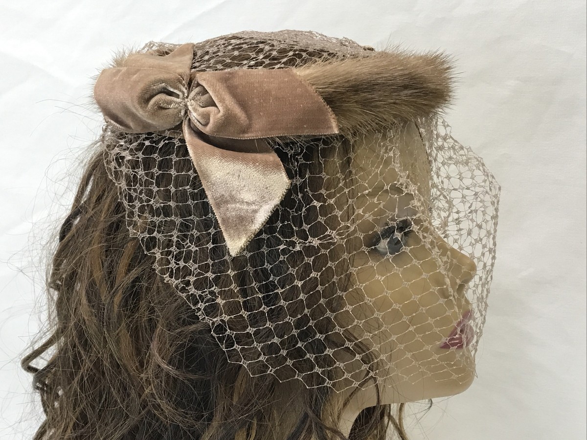 Vtg Mink Pillbox Hat Velvet Bows Veil Net Brown 30s 40s 50s 60s Fascinator  Women