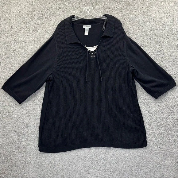 Catherines 3 4 Sleeves Lace Up Front Ribbed Sweater Black Women