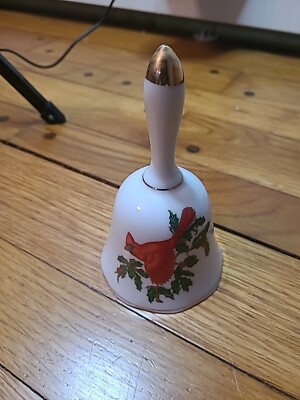 Lefton Hand Painted Bell; Cardinal and Holly; Gold Trim; Japan  5.5 