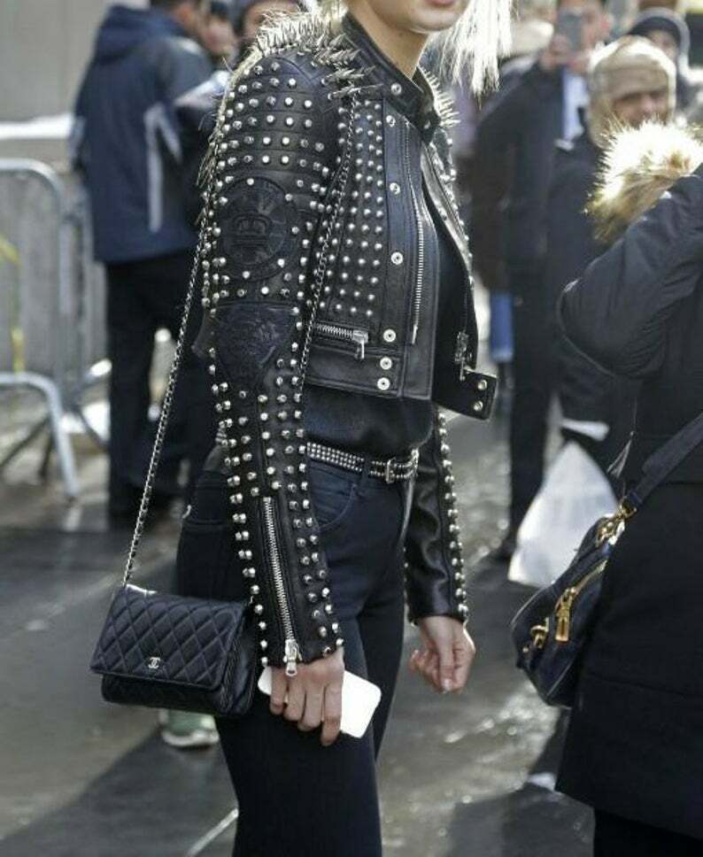 New Custom Punk Studded Bomber Black Leather Jacket for New Custom Punk Studded Bomber Black Leather Jacket for