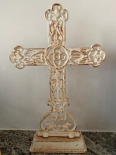 VTG METAL Iron Cross Free Standing Cross White Washed Victorian Decor Religous