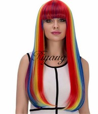 Multi-Color Straight Rainbow Costume Wig with Full Bang Long for Women Synthetic
