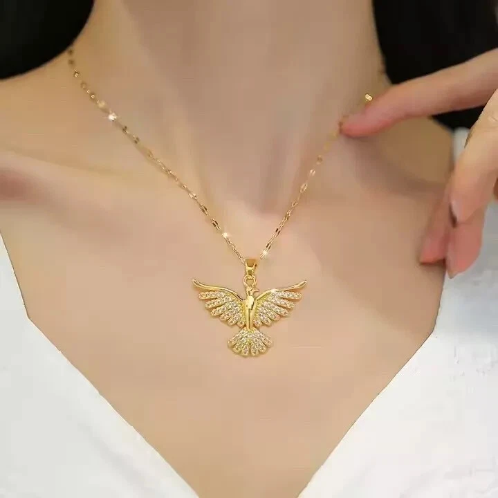 Damen Halskette Vogel Phoenix  Zirkon Anhänger Kette Gold Edelstahl Geschenk - Bild 3 von 3
