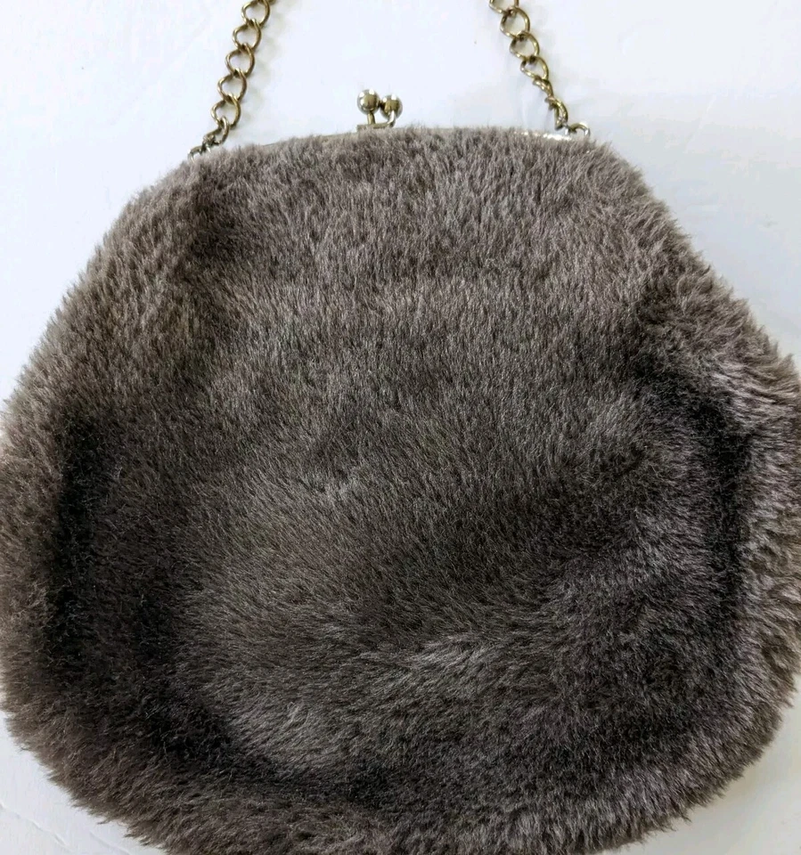 Cartera de Colección Años 60 Piel Sintética Felpa Mod Groovy Bolso de Mano Latón Cadena Mango Cierre Gris Foto 2 de 4