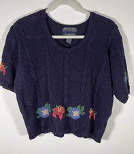 Vintage 90s Herman Geist blue scoop cable hand embroidered Cottagecore L Sweater