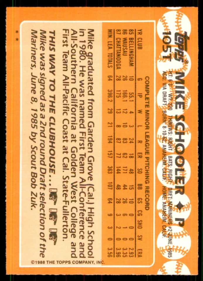 1988 Topps Traded. Mike Schooler Baseball Cards #105T - Image 2 of 2