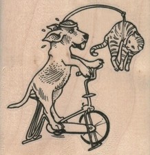 Dog Exercising With Cat 2 3/4 x 2 3/4" Rubber Stamp, Dog Stamp, Dog Lover Stamp