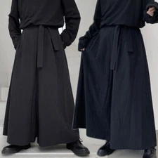 Men's Wide Leg Pants Loose Gothic Kendo Hakama Bootcut Skirt Trousers Pocket 