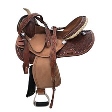 Brown Kids Youth Western Horse Barrel Saddle Genuine Leather Tack Set Suede Seat