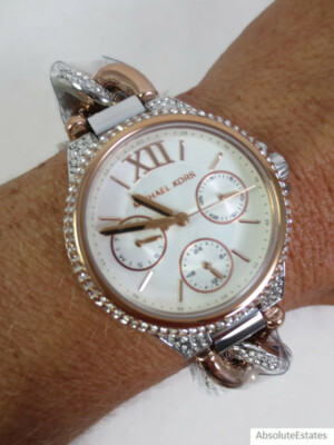 MK creme ceramic camille glitz Michael Kors Camille Crystal Pave Dial Silver Steel Strap  main image 4