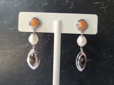 ELLE 925 Sterling Silver Faux Pearl Smoky Quartz Aventurine Dangling Earrings