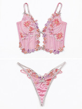 For Love  Lemons Pink Floral Embroidered Lingerie Set NWOT Size Medium
