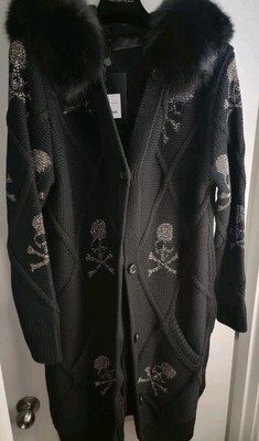 Philipp Plein Wool Knit Hoodie Cardigan With Fur Skull Sequins Luxury
