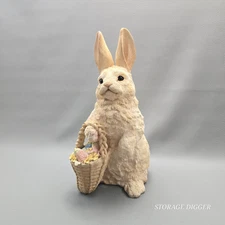 Vintage Resin Easter Beige Bunny Rabbit With Strawberry Basket Figurine 14.75"