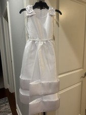Bonnie Jean White Satin Girls Formal Dress Size 8 Bow Shoulder R7-11217-DV