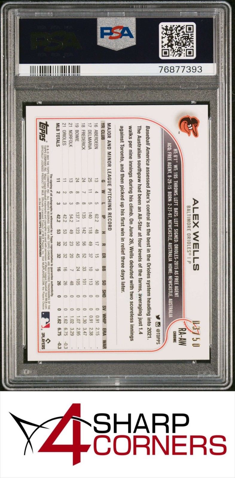 2022 TOPPS CHROME GOLD WAVE REFRACTOR ALEX WELLS RC /50 POP 1 PSA 10 DNA AUTO 10 view 2