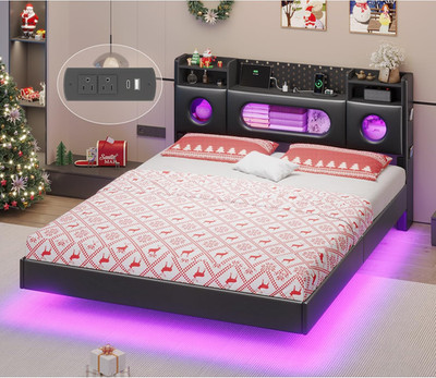 Floating Bed Frame Queen with Headboard, Upholstered Platform Queen Bed Frame wi
