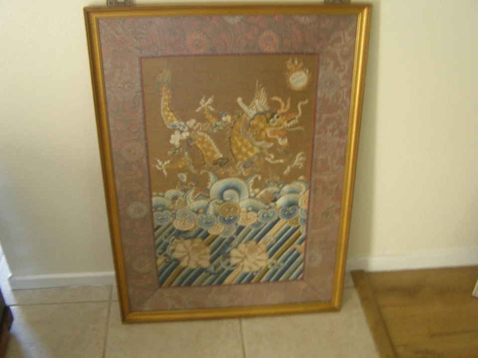 Antique Chinese Silk Kesi Kosu Dragon Robe Embroidery Fragment Framed 32X22. - Image 2 of 4